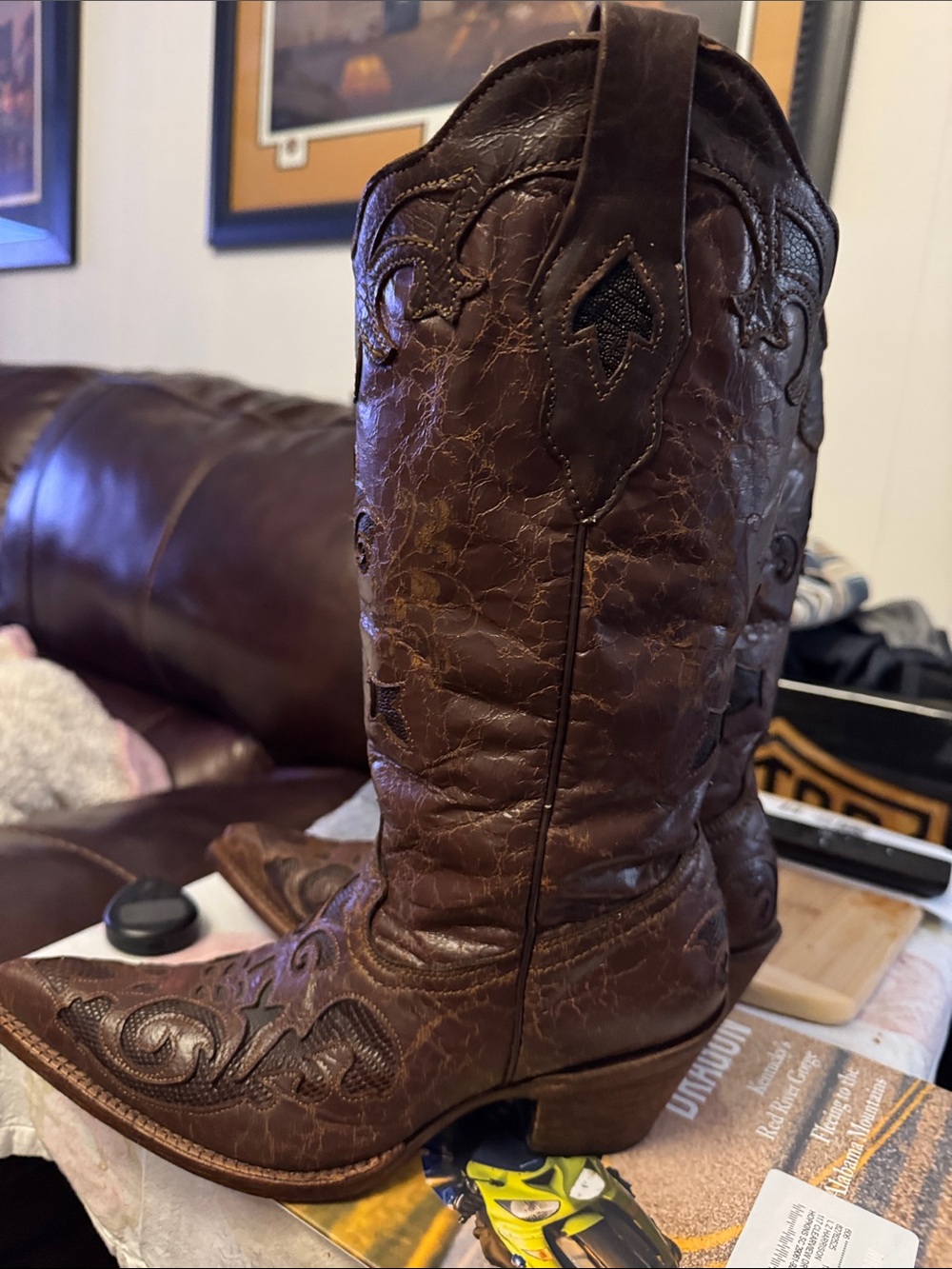 Corral Brown Tooled Leather Western Heeled Boots - Picture 3 of 5